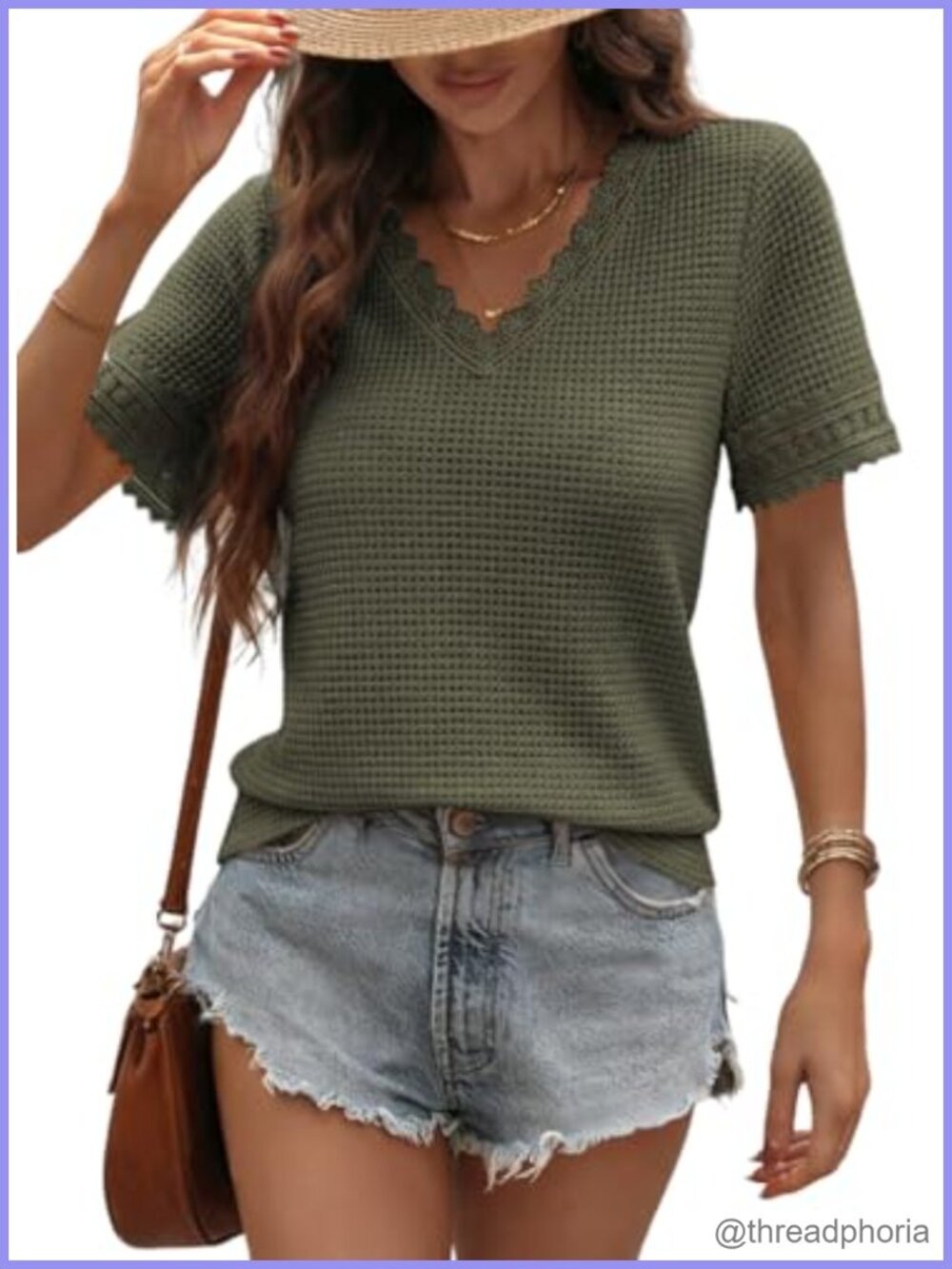 Waffle Knit Lace Patchwork V Neck Short Sleeve Tunic Top